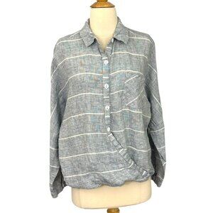 Habitat Clothes to Live In Linen Wrap Blouse Top Long Sleeve Blue White Size L